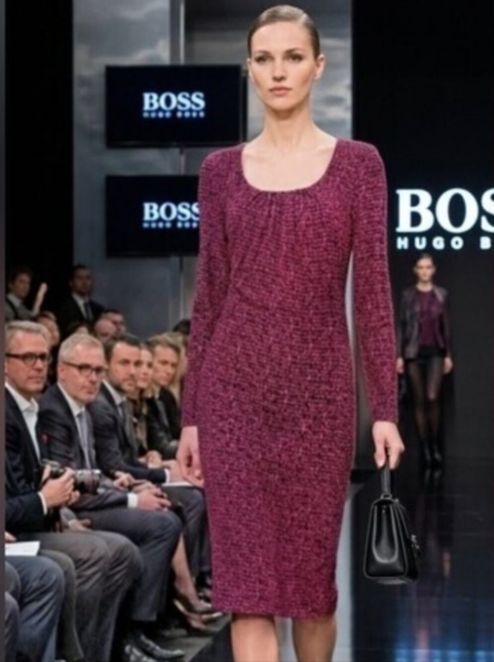 Hugo Boss Long Sleeve Scoop Neck Ribbed Knit Dress in Burgundy Pink